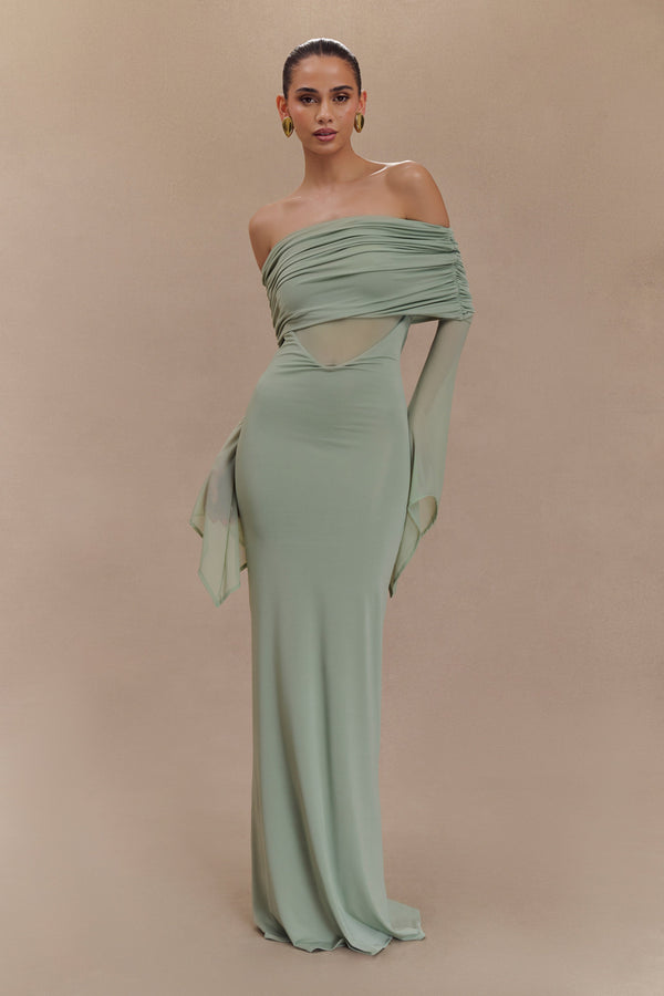 Kaitlin One Shoulder Slinky And Mesh Maxi Dress - Basil
