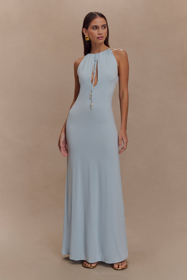 Beryl Slinky Maxi Dress With Pearls - Pale Blue