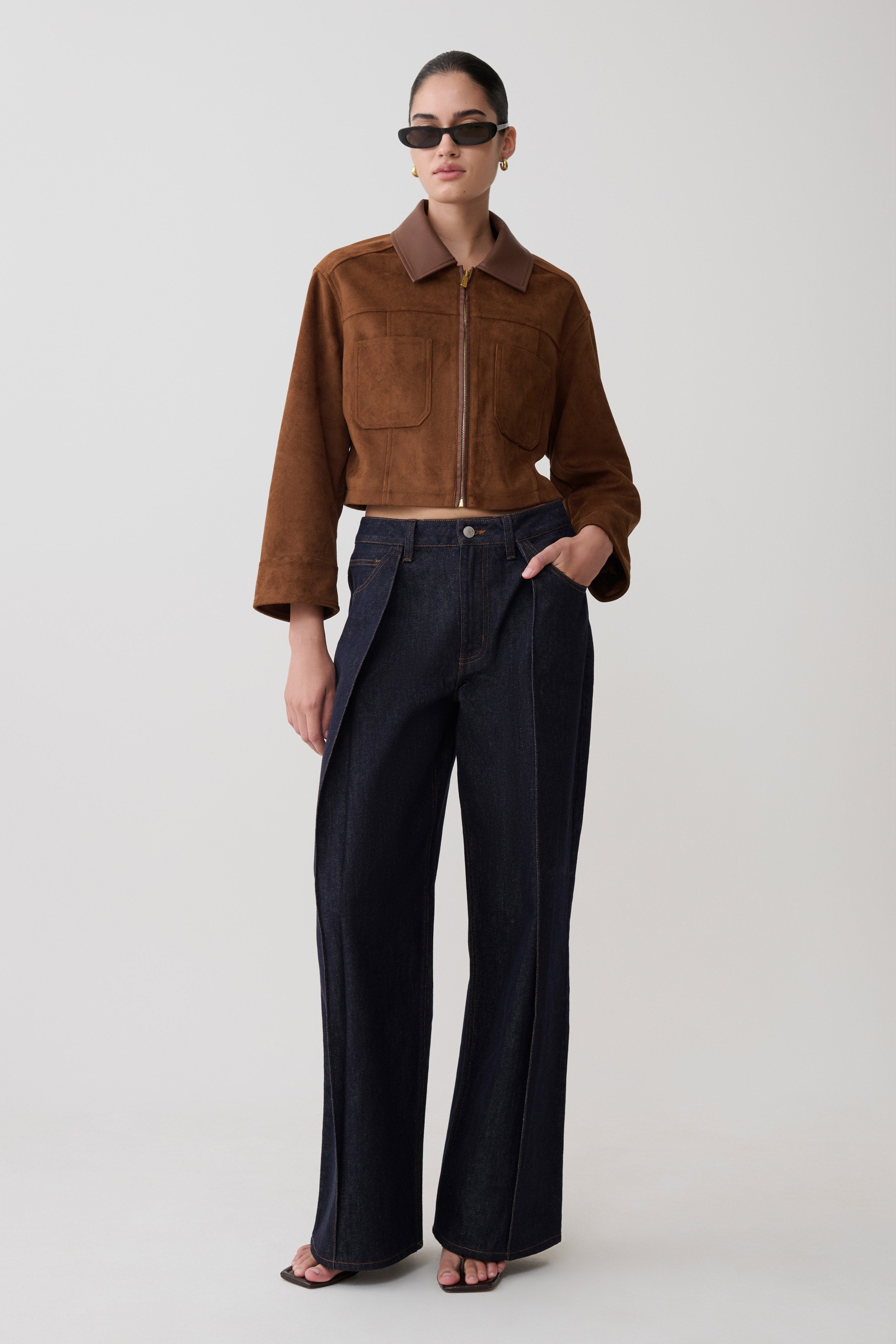 Remy Faux Suede & Leather Collared Jacket - Tan