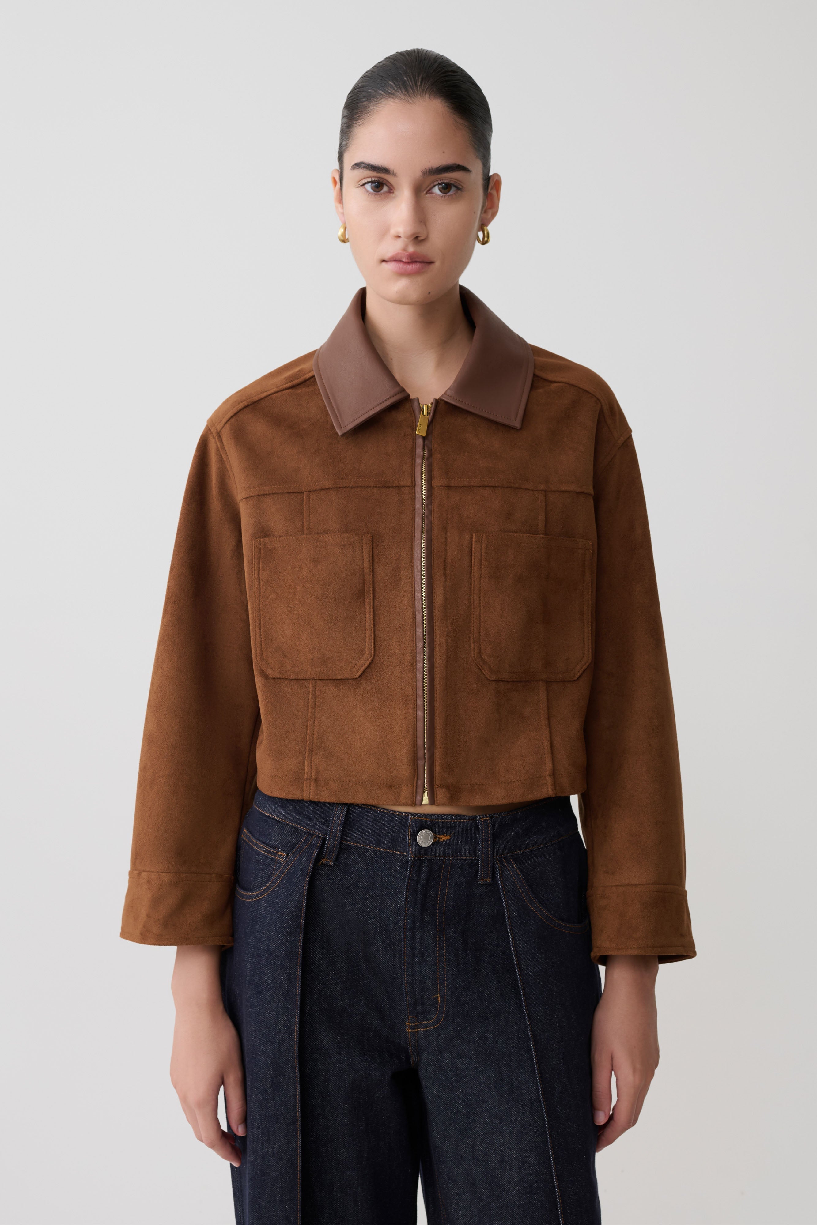 Remy Faux Suede & Leather Collared Jacket - Tan