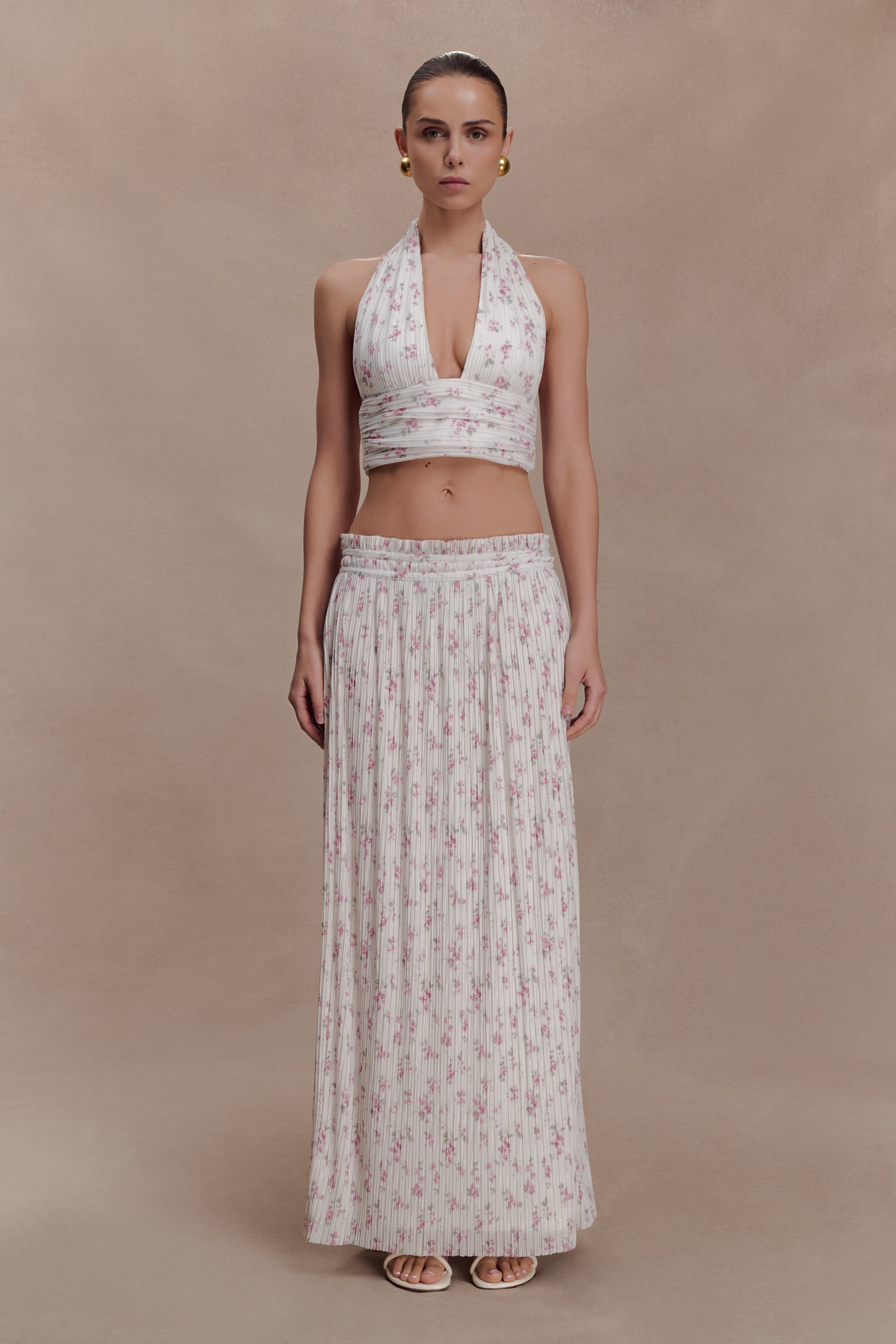 Amaris Sleeveless Plisse Halter Top - Floral Ditsy Print