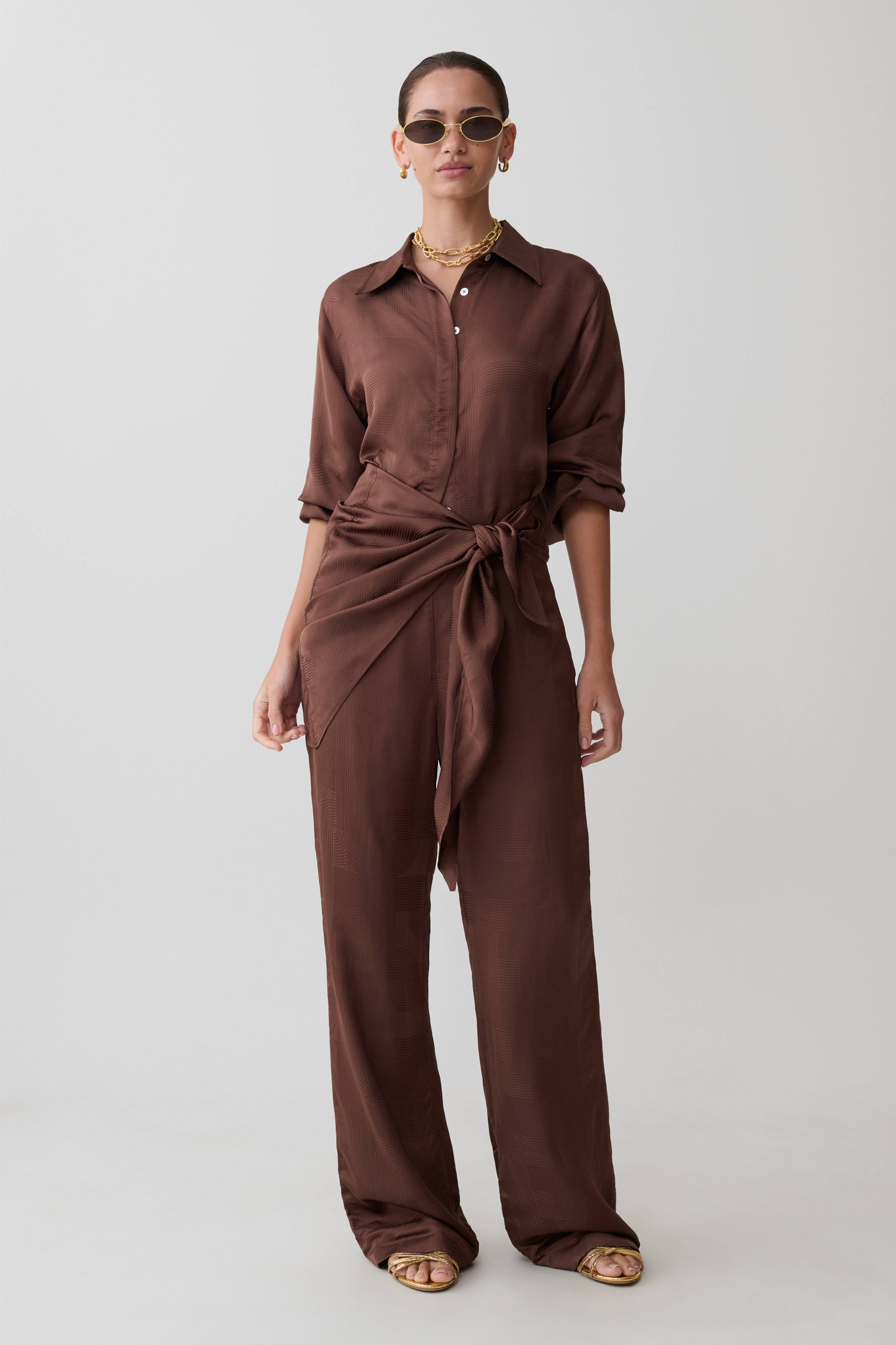 Gia Long Sleeve Satin Shirt - Chocolate